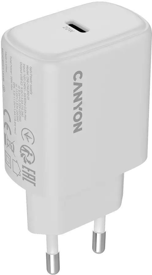 Сетевое зарядное устройство Canyon OnCharge 200 20W 1xPD EU White (CNE-CHA200-01) фото1