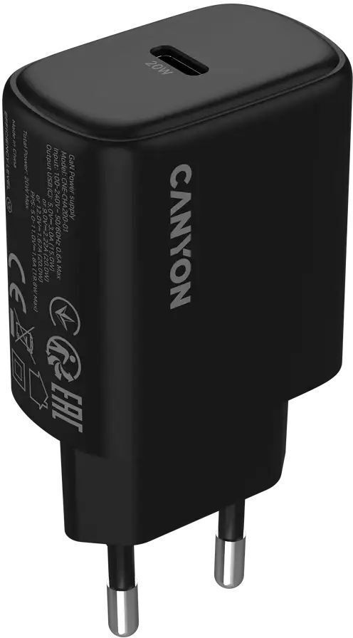 Сетевое зарядное устройство Canyon OnCharge 200 20W 1xPD EU Black (CNE-CHA200-11) фото1