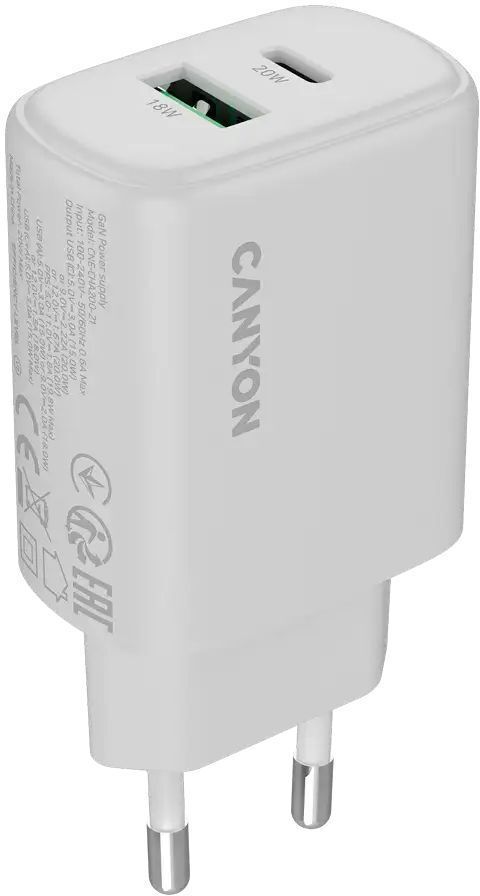Сетевое зарядное устройство Canyon OnCharge 200 20W 1xPD 1xQC EU White (CNE-CHA200-21) фото1