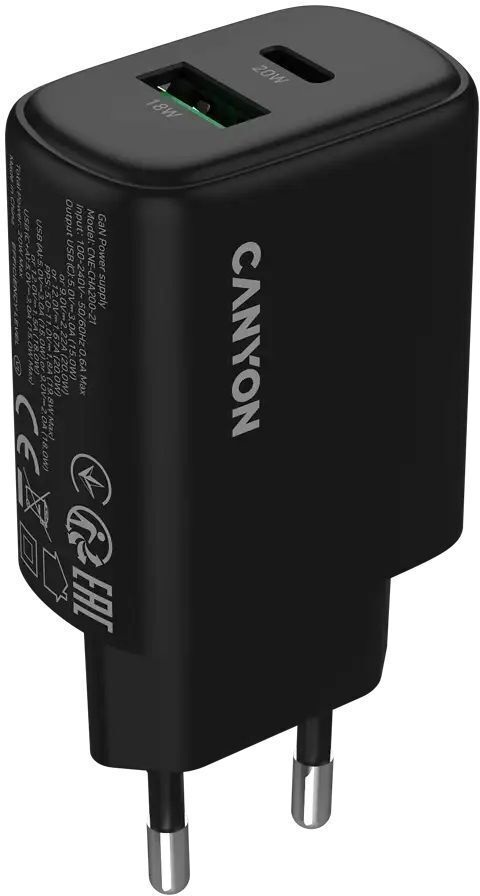 Сетевое зарядное устройство Canyon OnCharge 200 20W 1xPD 1xQC EU Black (CNE-CHA200-31) фото1