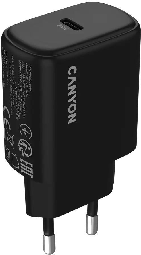 Сетевое зарядное устройство Canyon OnCharge 250 25W 1xPD EU Black (CNE-CHA250-11) фото1