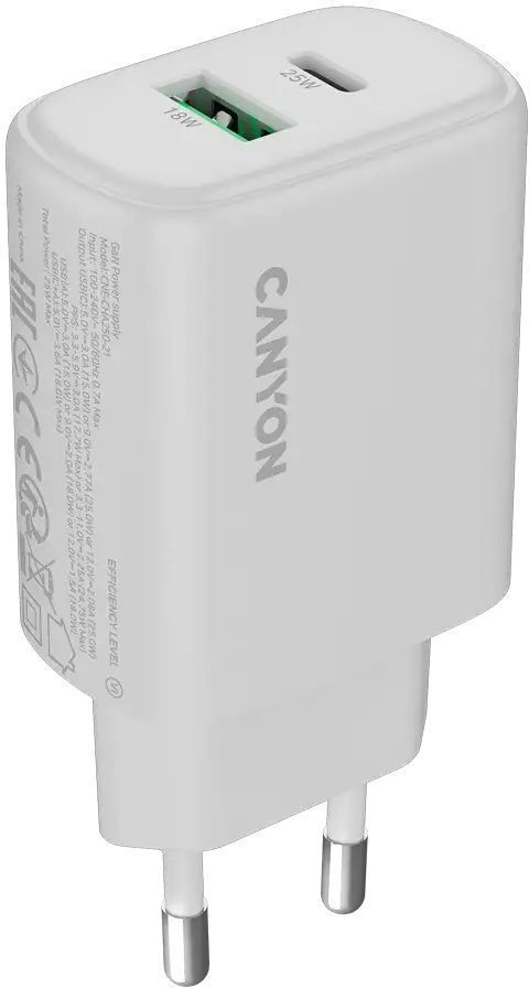 Сетевое зарядное устройство Canyon OnCharge 250 25W 1xPD 1xQC EU White (CNE-CHA250-21) фото1