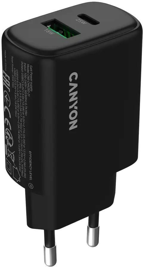 Сетевое зарядное устройство Canyon OnCharge 250 25W 1xPD 1xQC EU Black (CNE-CHA250-31) фото1