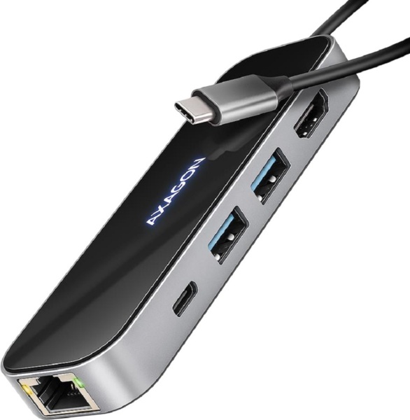 Хаб концентратор Axagon USB-C 5Гбит/с GLASS 6in1 hub, Черный/Серый (HMC-6GLN)