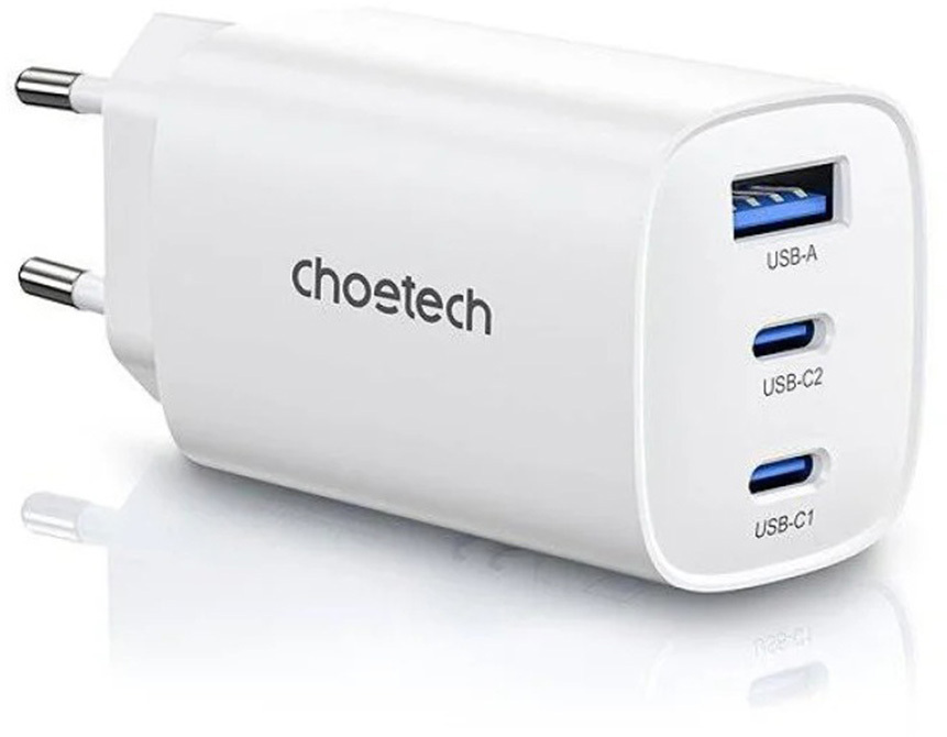 Мережевий зарядний пристрій Choetech GaN PD65W, 3 порта, 2*USB-C+A фото1