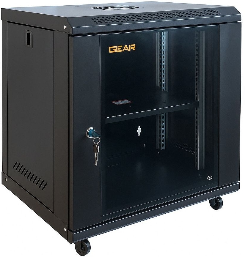 Шафа настінна GEAR 19", 12U, 600x450x650 мм, з полицею 19", Black (GWMSN-12U-600-450) фото1