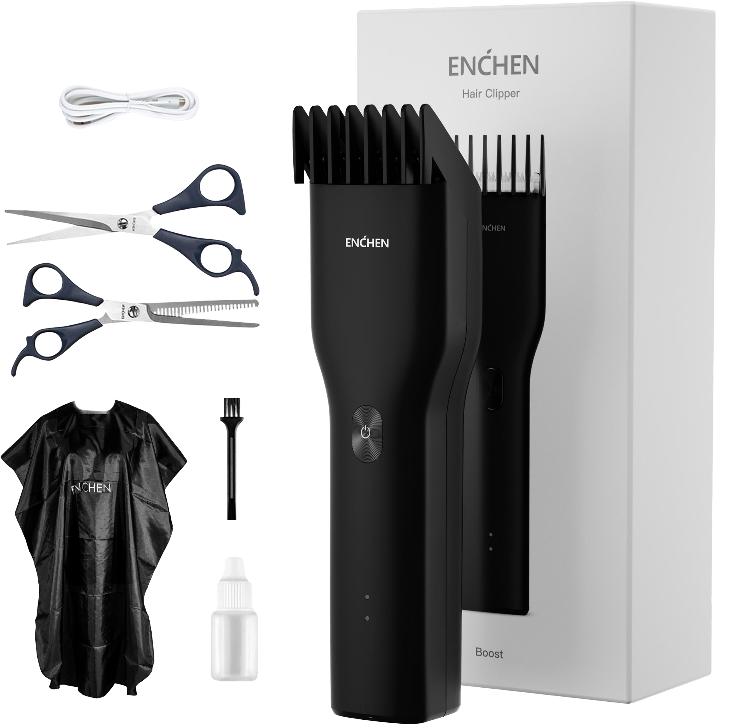 Машинка для стрижки Xiaomi Enchen Boost Black Set + Пеньюар і ножниці фото1
