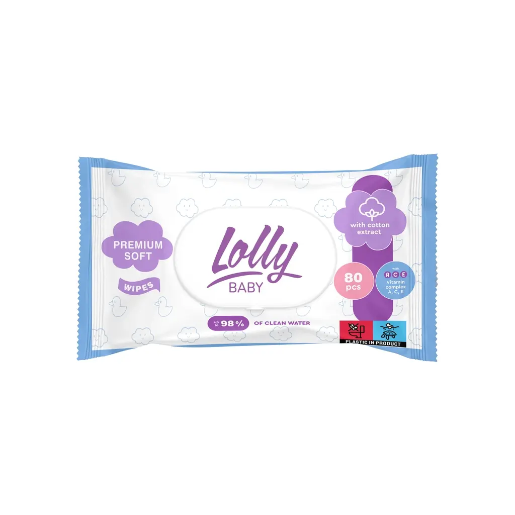 Дитячі вологі серветки Lolly з перших днів життя з клапаном 80 шт (4820174981136) фото1