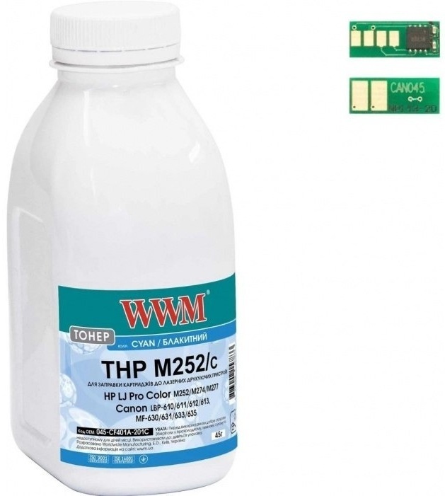 Тонер WWM HP LJ Pro M252 Canon 045 45г Cyan +chip (045-CF401A-201C) фото1