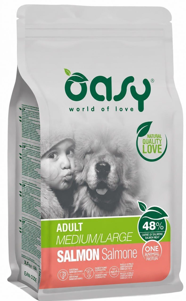 Сухой корм для собак OASY One Animal Protein ADULT Medium/Large с лососем 18 кг (8053017349305)