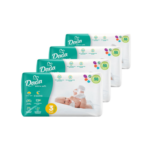 Подгузники Dada Extra Soft, размер 3 MIDI (4-9 кг), 4 упаковки по 50 шт. (200 шт.) (4820174989545)