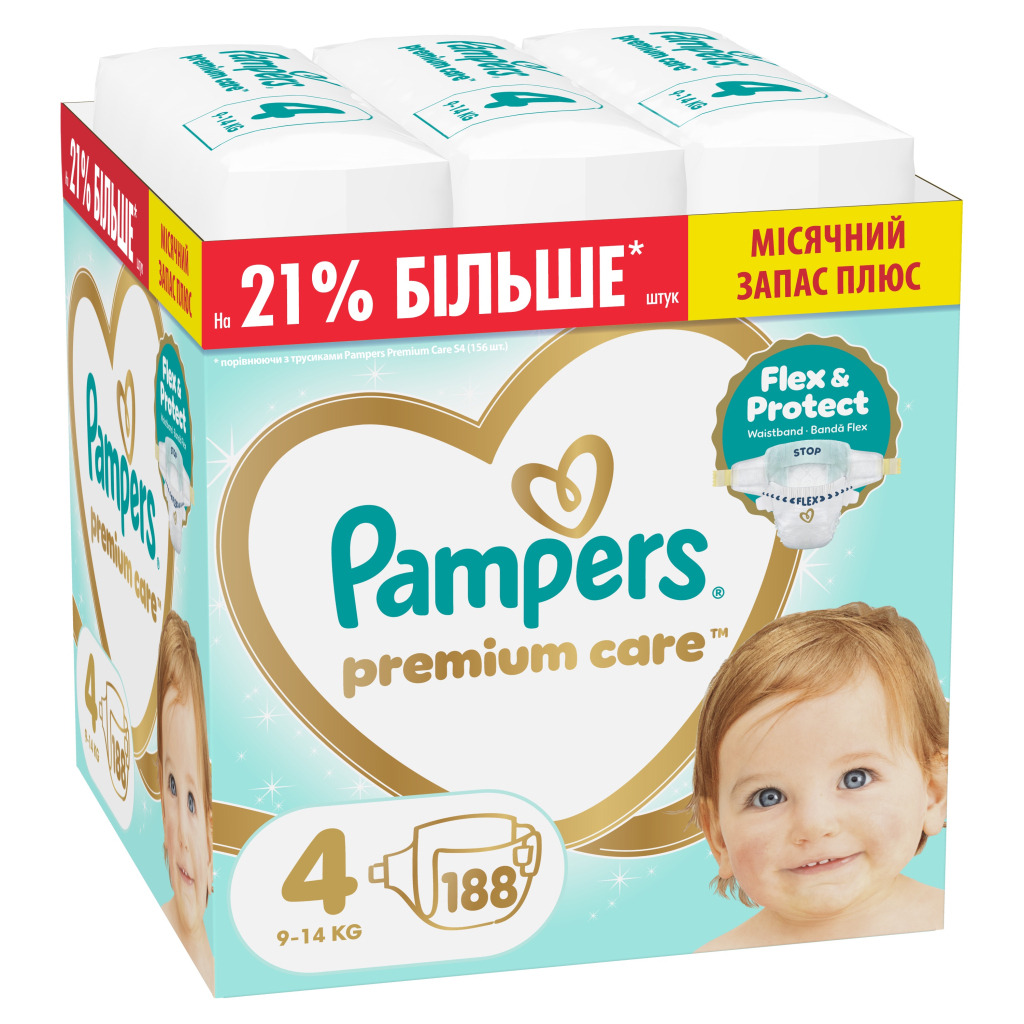 Підгузки Pampers Premium Care Розмір 4 (9-14 кг) 188 шт (8006530223829) фото1