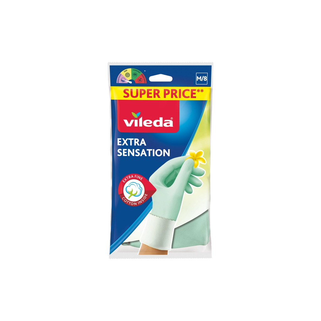 Перчатки хозяйственные Vileda Extra Sensation Латексные Для деликатных работ Размер M (4023103073937) фото1