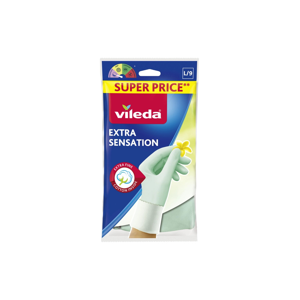 Перчатки хозяйственные Vileda Extra Sensation Латексные Для деликатных работ Размер L (4023103073944) фото1