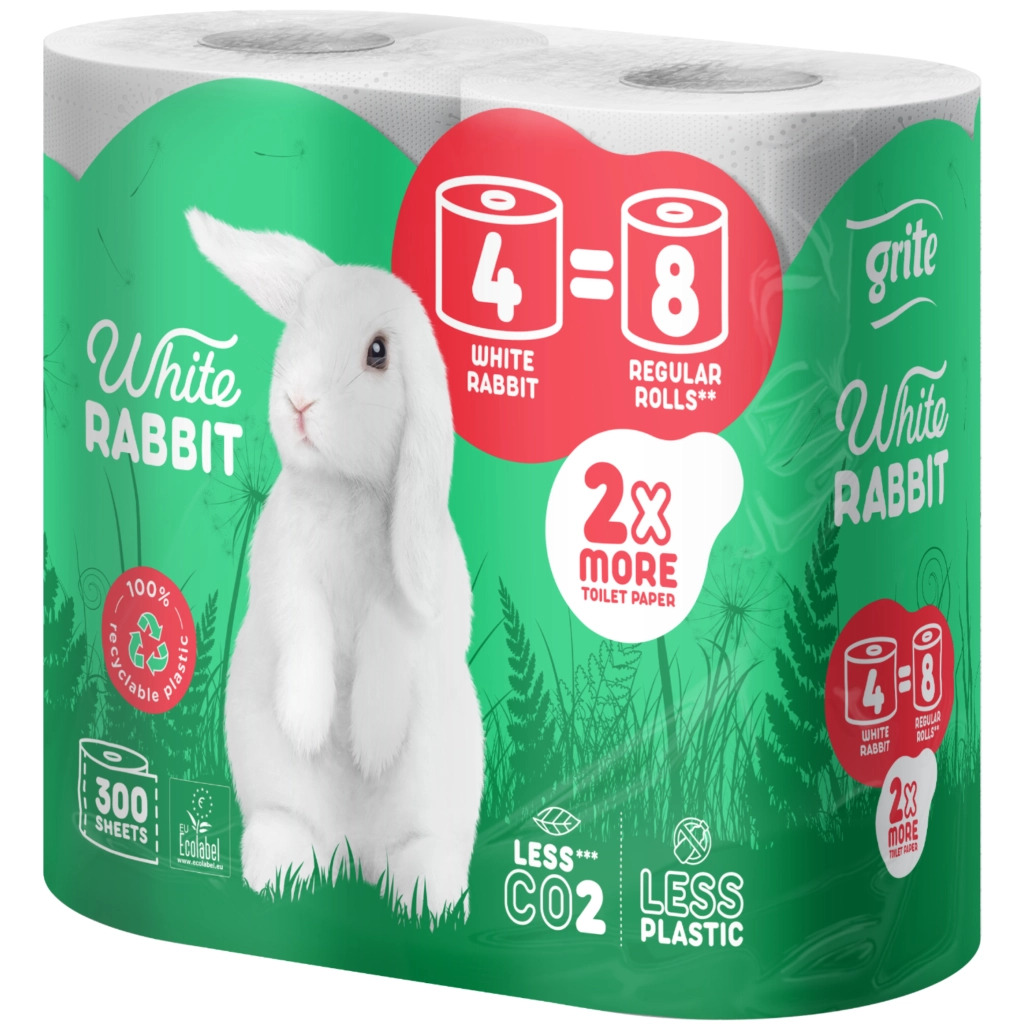 Туалетная бумага Grite White Rabbit 3 слоя 300 отрывов 4 рулона (4770023351934) фото1