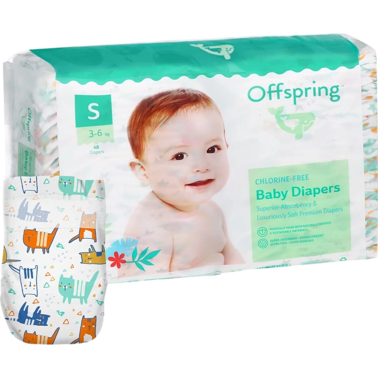 Підгузки Offspring Meow The Cat розмір S (3-6 кг) 48 шт. (DP-OI-FAT-S48P-MTC) фото1