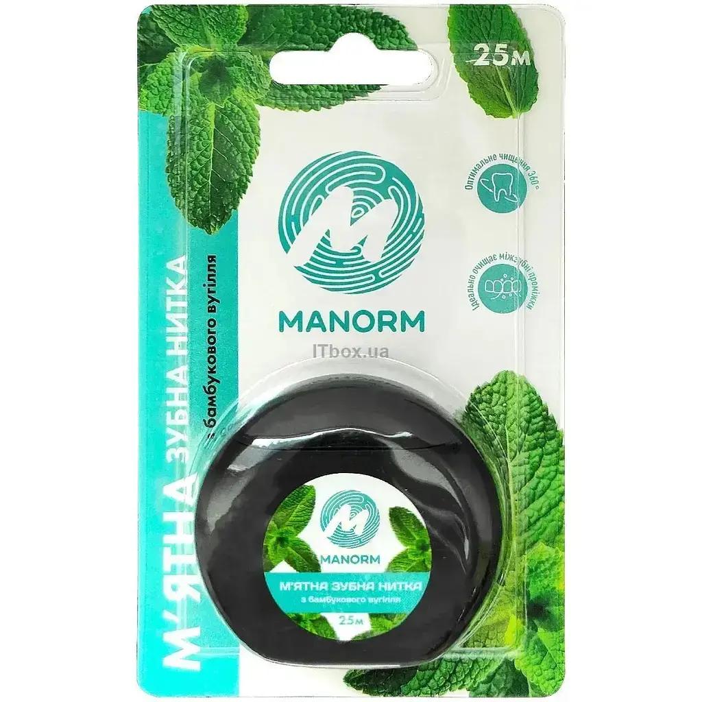 Зубна нитка Manorm м'ятна з бамбуковим вугіллям 25м фото1
