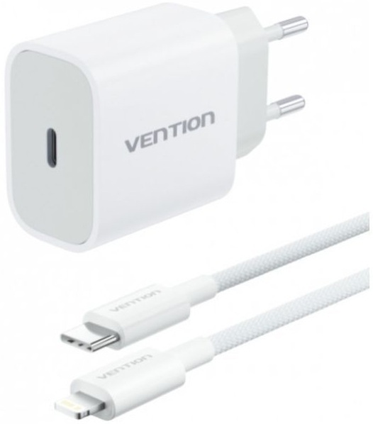 Зарядний пристрій 1xUSB-C 20W + USB-C to Lightning cable М-М White Vention фото1