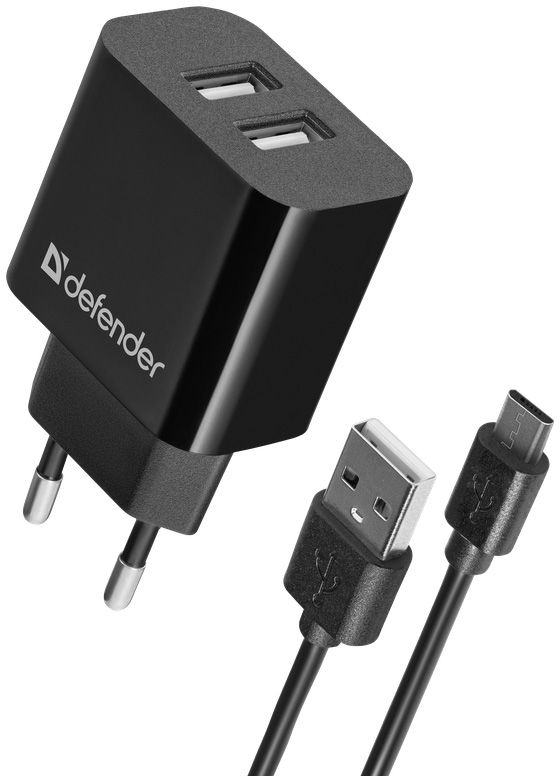 Зарядний пристрій 2xUSB 12W 2.1A UPC-21 +кабель microUSB, чорний Defender фото1