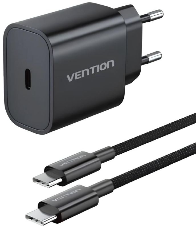 Зарядний пристрій 1xUSB-C 20W + USB-C cable М-М Black Vention фото1