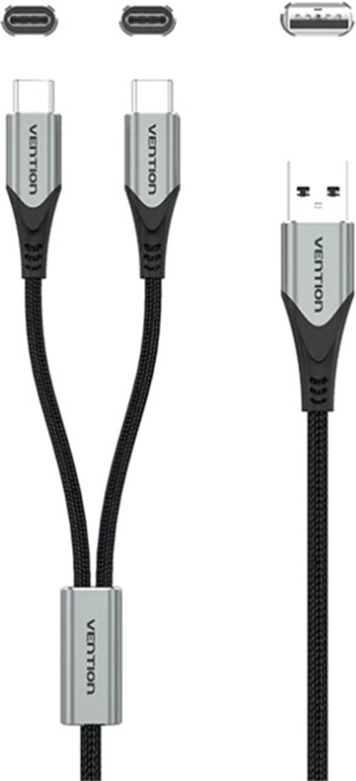 Кабель Vention USB 2.0 AM - 2хType-C M Y-Splitter Charging Cable 2.4А 480Mbps Aluminum Alloy, 1.0м (CQOHF)