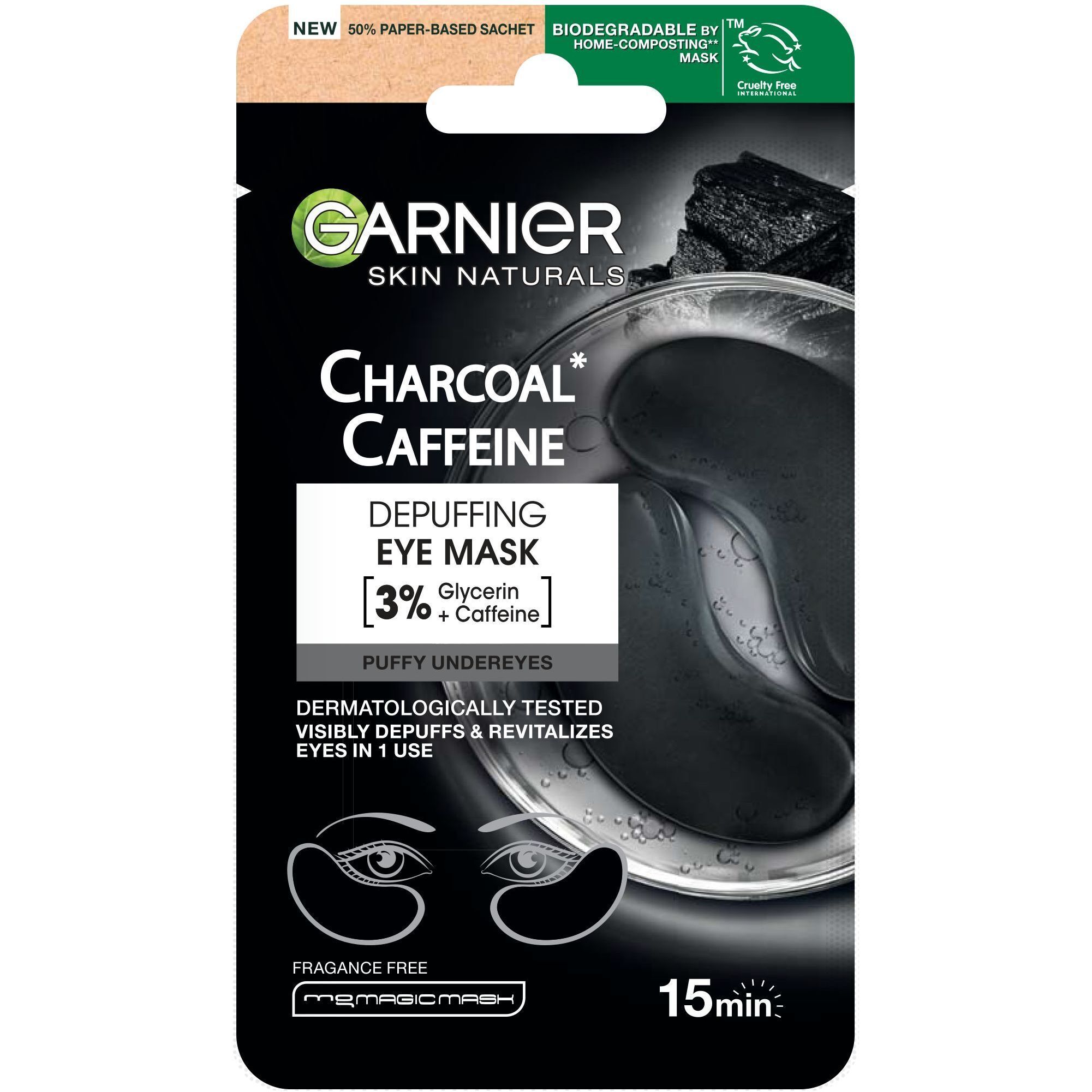 Тканинні патчі Garnier SkinActive Charcoal Caffeine Depuffing Eye Mask 5 г фото1