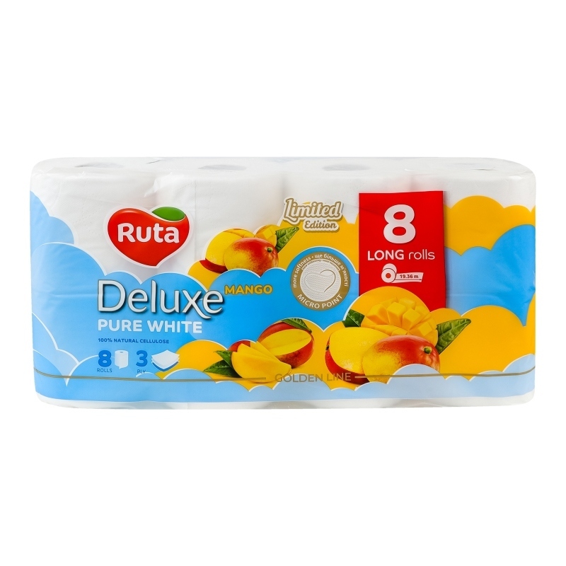 Туалетная бумага Ruta Pure White Deluxe 8 рул 3 ш белый манго фото1
