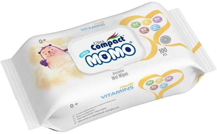 Вологі серветки для дітей Ultra Compact Momo Multivitamins з клапаном 100 шт. фото1