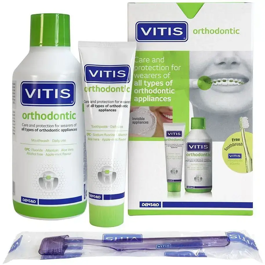 Набор Vitis Orthodontic Зубная паста 100 мл + Ополаскиватель 500 мл + Зубная щетка фото1