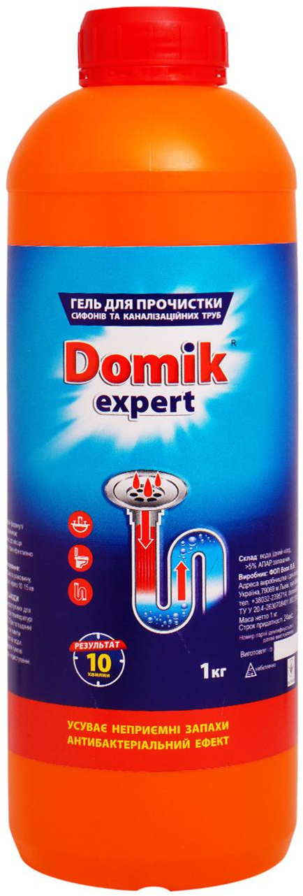 Гель Domik Expert для чистки сифонов и канализационных труб, 1 л фото1