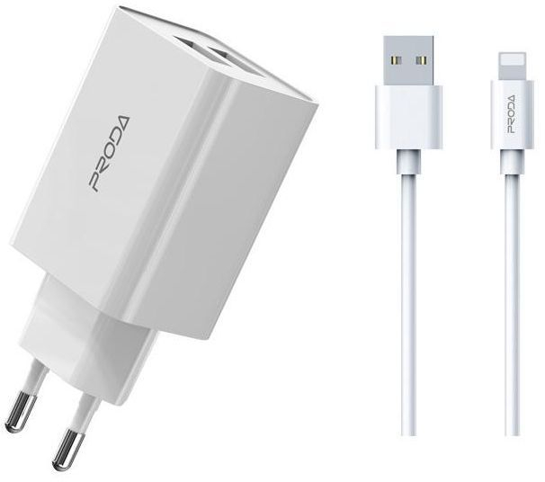 Зарядний пристрій Proda PD-A28i 2хUSB 2.4A + USB Ligthtning 1.0m (PD-A28i-WH) фото1