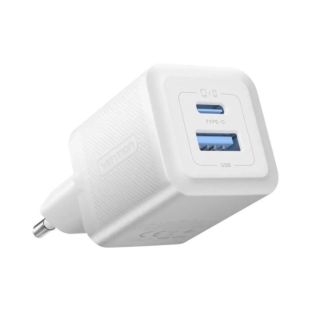 Зарядний пристрій Vention 1xUSB-C PD30W + 1xUSB QC3.0 30W GaN white (FEQW0-EU) фото1