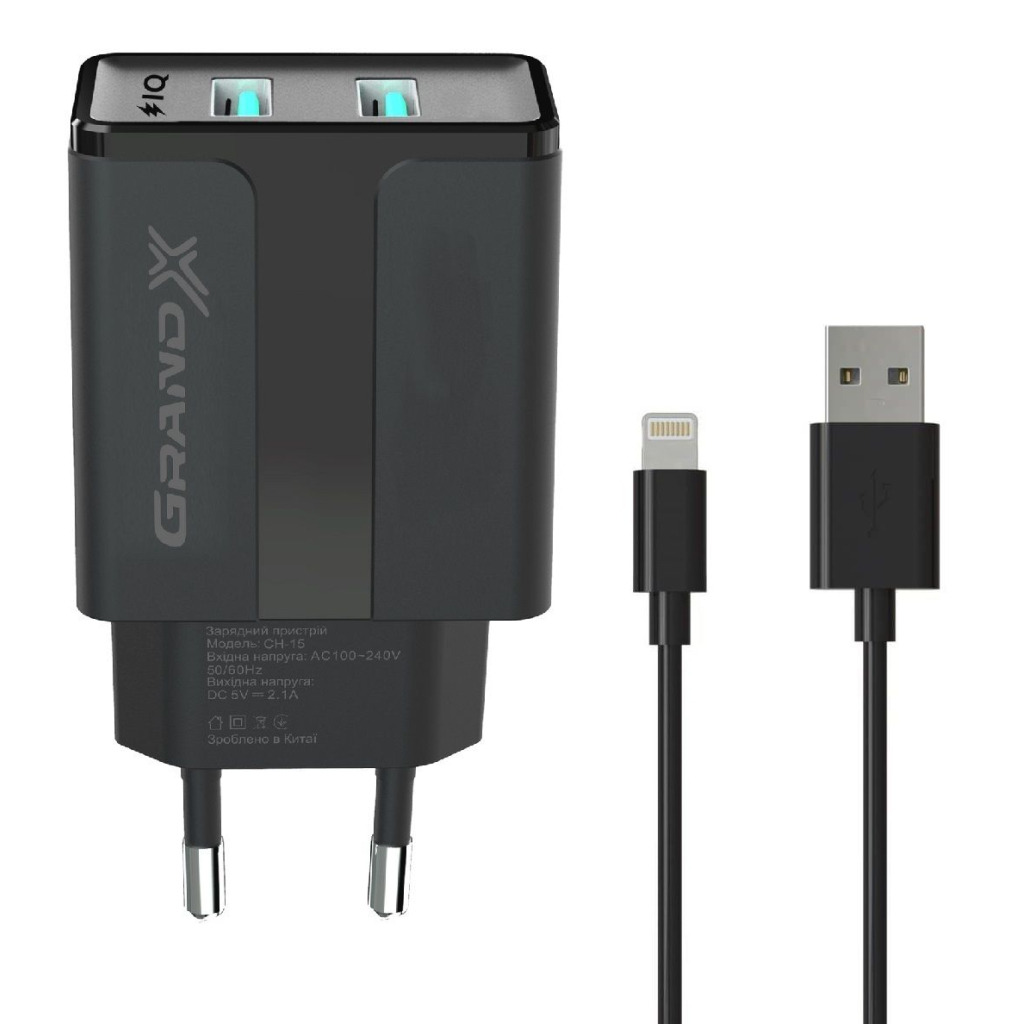 Зарядний пристрій Grand-X 5V 2,1A Black + cable USB-Lightning (CH15LTB) фото1