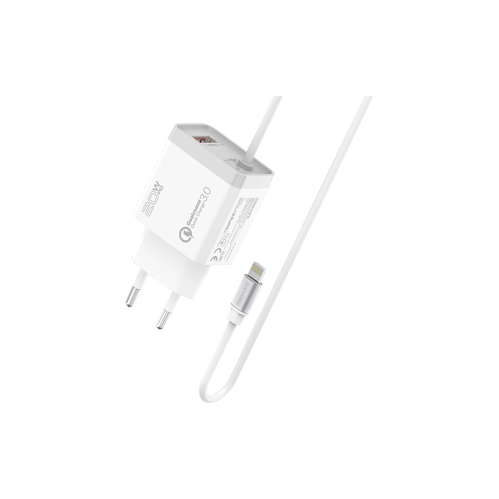 Зарядний пристрій Promate 20W PD Lightning + USB QC3.0 (icharge-pdqc3.white) фото1