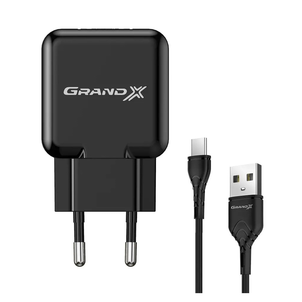Зарядное устройство Grand-X USB 5V 2.1A + cable USB to USB-C black (CH-03T) фото1