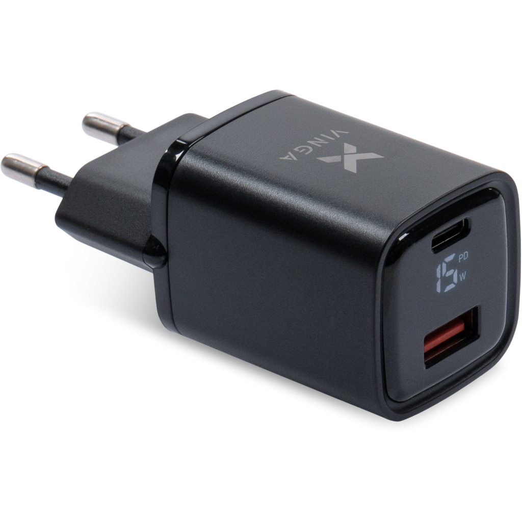 Зарядний пристрій Vinga USB-C PD30W + USB-A QC30W Display 33W Max (VCR30ACDB) фото1