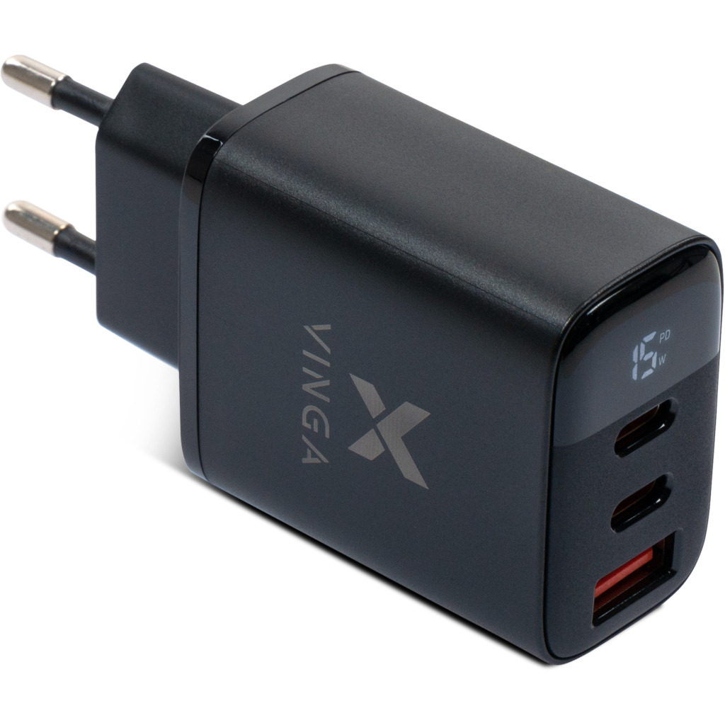 Зарядний пристрій Vinga 2xUSB-C PD30W + USB-A QC30W Display 30W Max (VCR30ACCDB) фото1