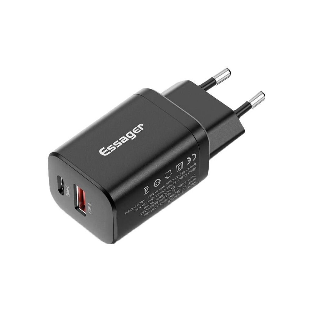 Зарядний пристрій Essager 1xUSB + 1xUSB-C PD30W black (ECTPQS-ZTB01) фото1