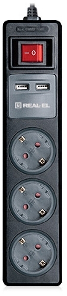 Фільтр живлення REAL-EL RS-3 USB Charge 1.8m Black фото1