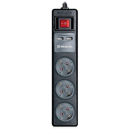 Сетевой фильтр REAL-EL RS-3 USB Charge 1.8m Black