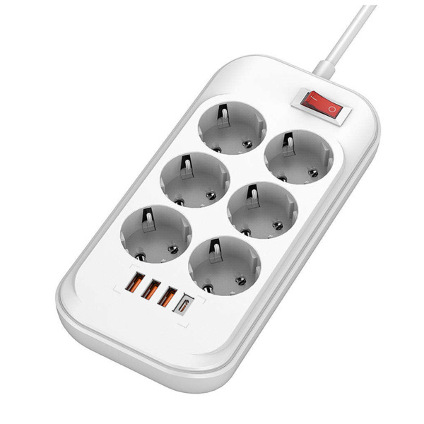 Сетевой фильтр ColorWay CW-CHE64PDW 6 розеток, 4USB (Type-C PD20W + 3USB QC3.0) (38W), 2м, White