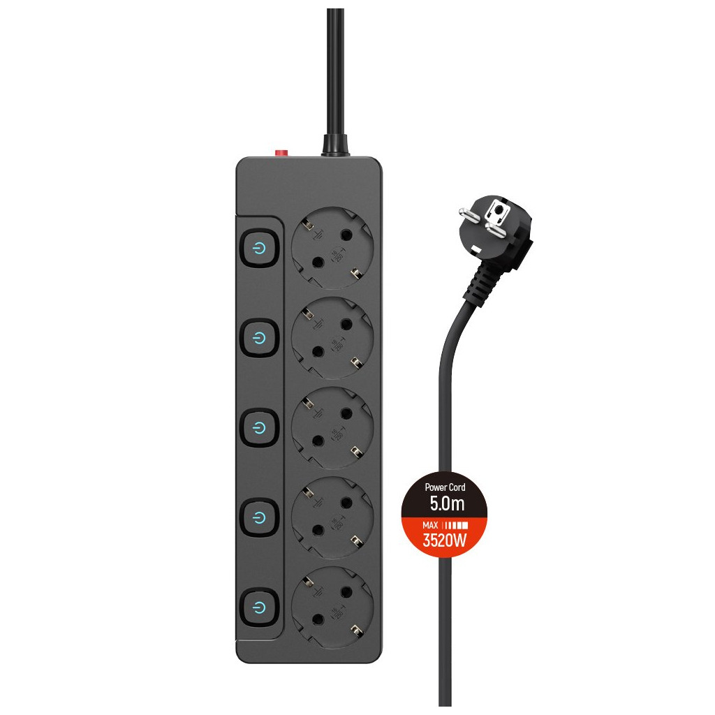 Фільтр живлення СolorWay (CW-PSEA55SBK) 5 розеток, 5м, Black фото1