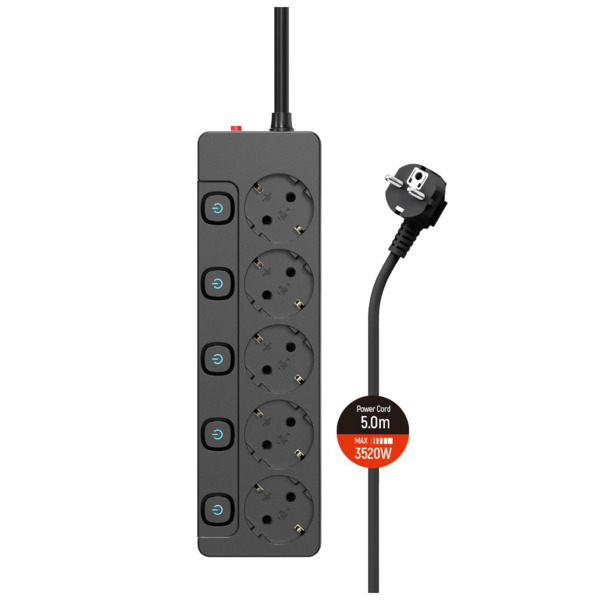 Сетевой фильтр СolorWay (CW-PSEA55SBK) 5 розеток, 5м, Black