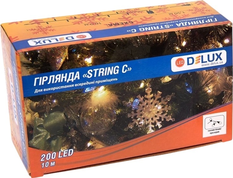 Гирлянда Delux STRING 200 LED 10m Теплый белый/прозрачный IP20 (90017981) фото1