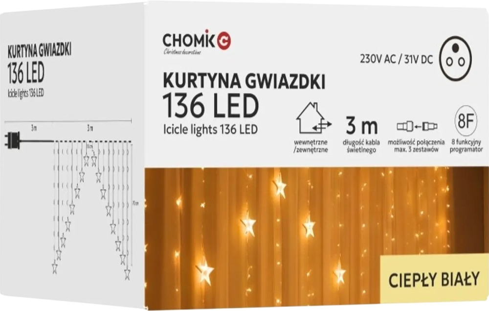 Гірлянда Chomik Штора зірки 136 LED теплий білий, 3 м (5900779880030) фото1