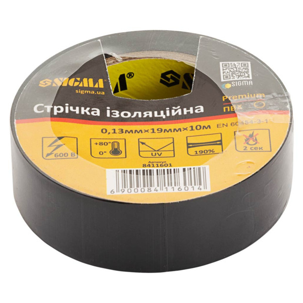 Изоляционная лента Sigma ПВХ черная 0.13мм*19мм*10м Premium (8411601)