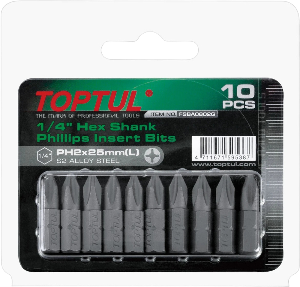 Набор бит Toptul 1/4" L25мм PH2 10шт. (FSBA0802G) фото1